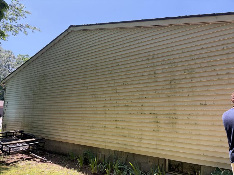 House siding covered in green algae and dirt streaks before pressure washing